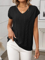 Cable-knit V-neck Short Sleeve Knit Top (8)