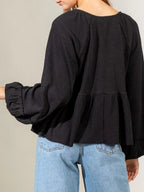 Notched Balloon Sleeve Peplum Blouse (5)