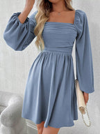 Ruched Square Neck Long Sleeve A-line Dress (14)