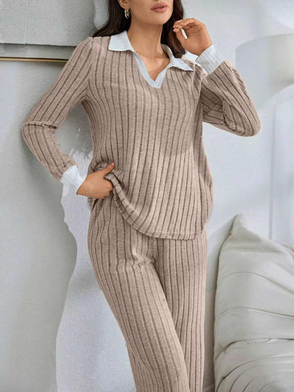 Ribbed Knit Polo Collar Top Pants Lounge Set (12)