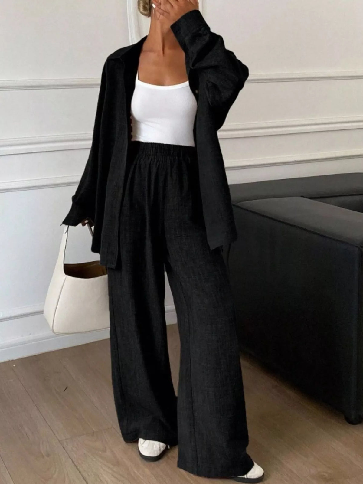 Button Up Long Sleeve Shirt Wide Leg Pants Set (19)