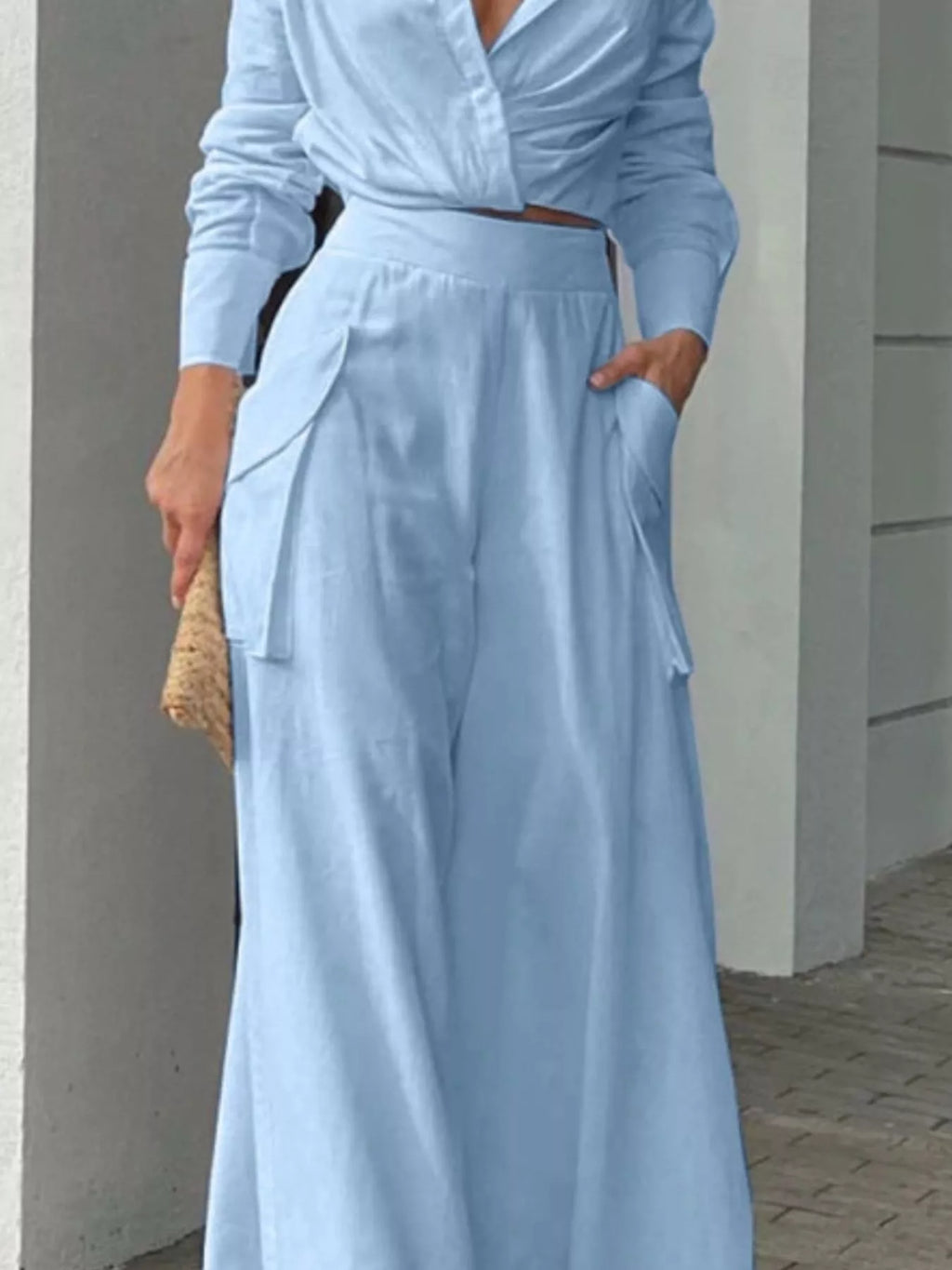 Long Sleeve Shirt Wide Leg Pants Set (3)