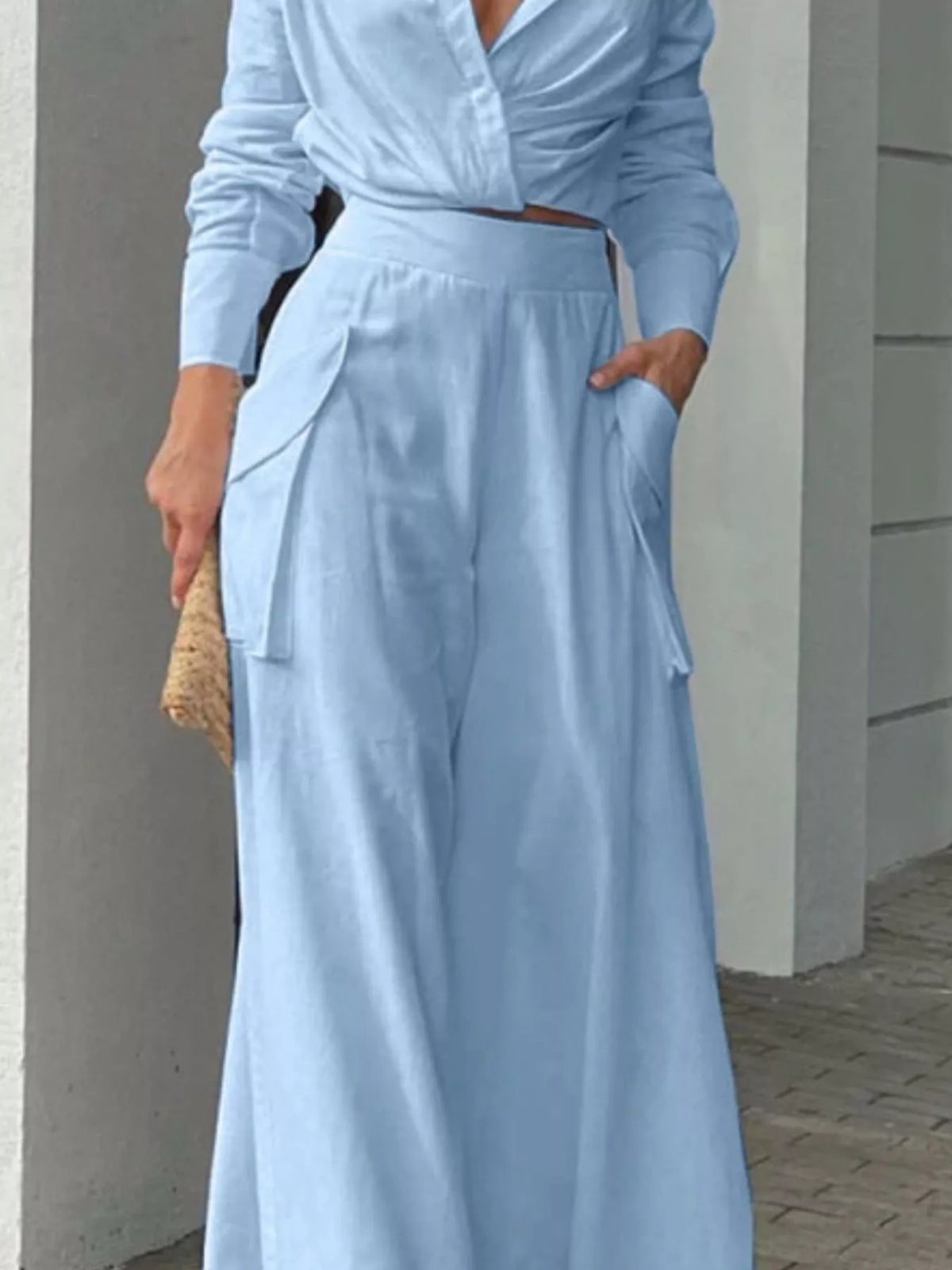 Long Sleeve Shirt Wide Leg Pants Set (3)