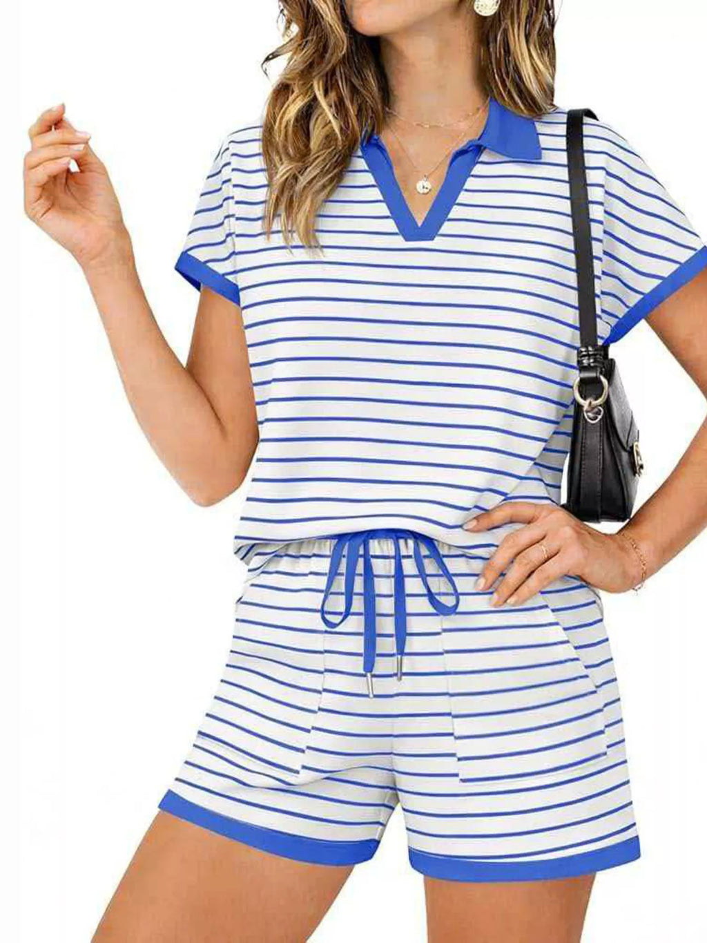 Striped Short Sleeve Polo Shorts Set (17)