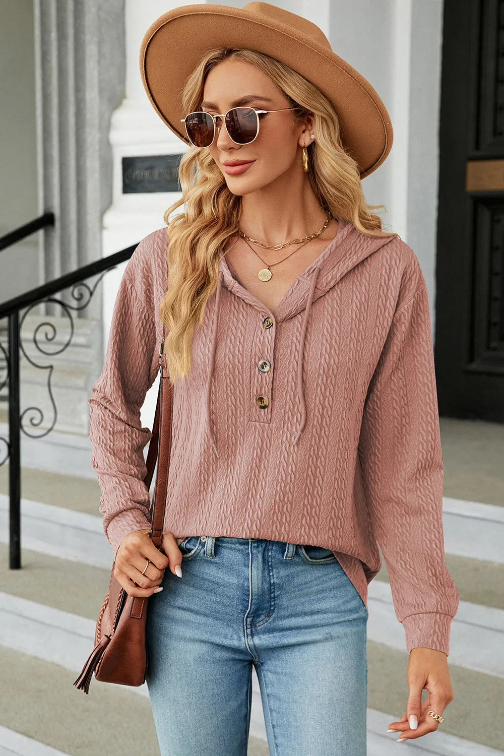 Drawstring Half Button Long Sleeve Hoodie (22)