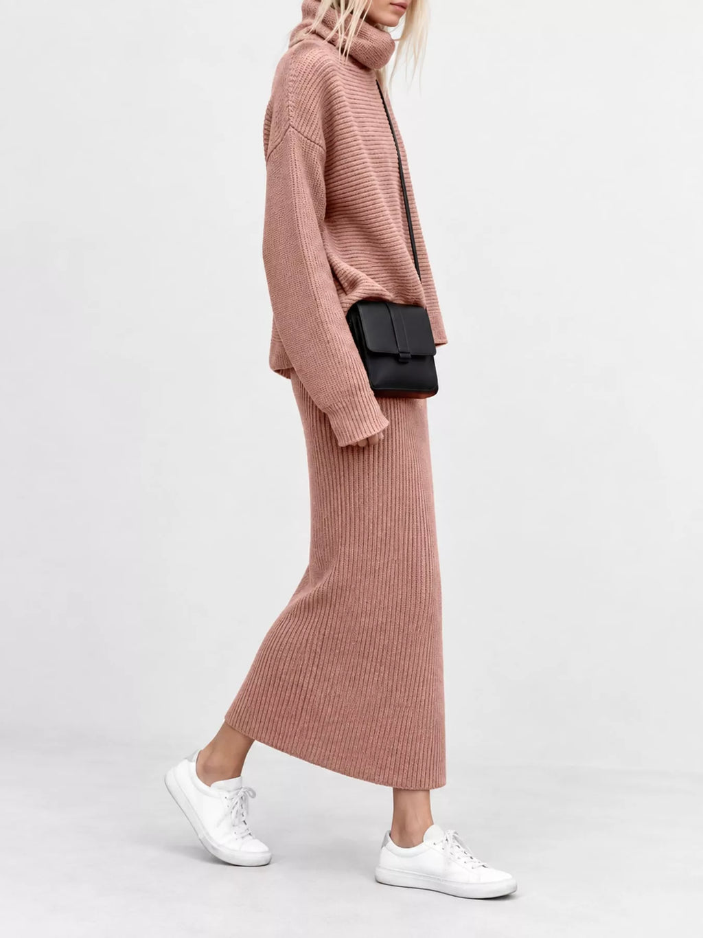 Ribbed Turtleneck Sweater Set Matching Midi Skirt (7)