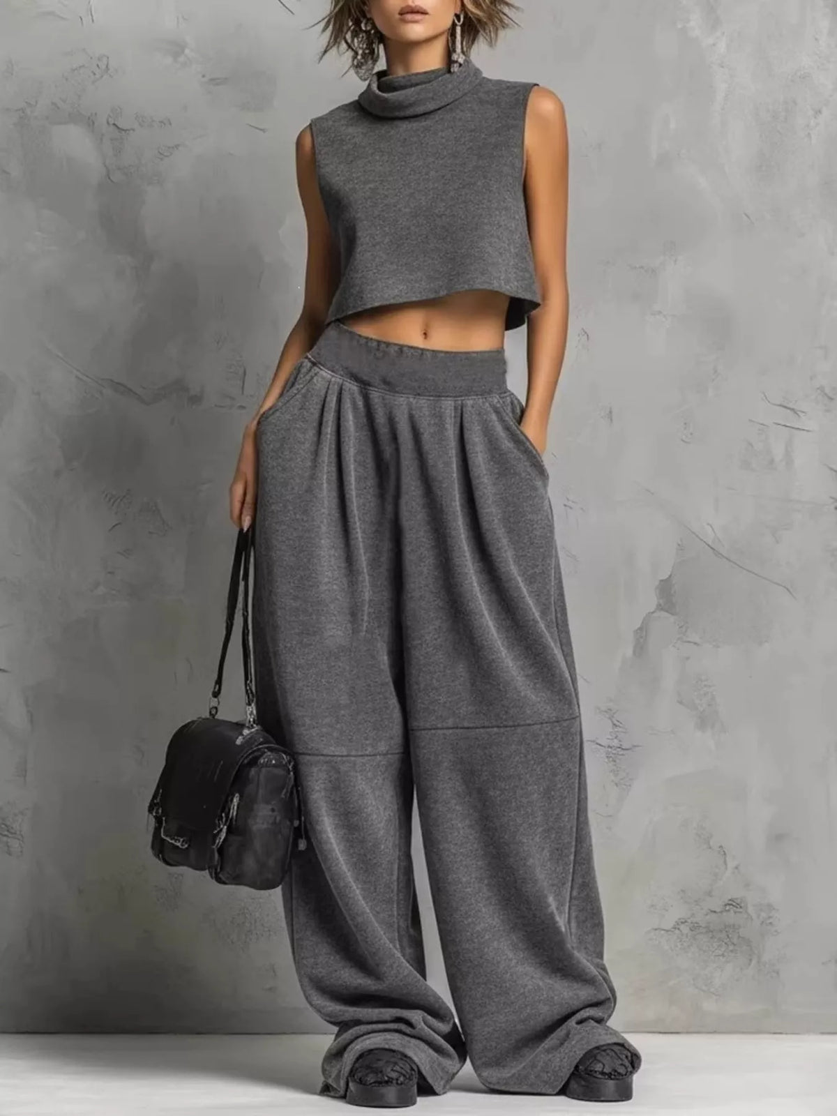 Sleeveless Mock Neck Crop Top Wide-leg Sweatpants Set