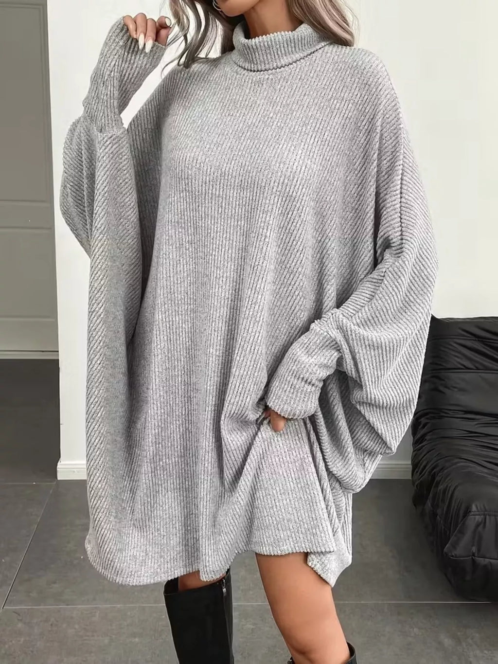 Oversized Batwing Sleeve Ribbed Knit Turtleneck Dress (3)