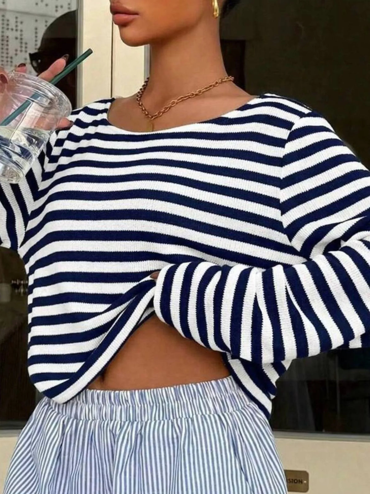 Boat Neck Striped Long Sleeve T-shirt (10)