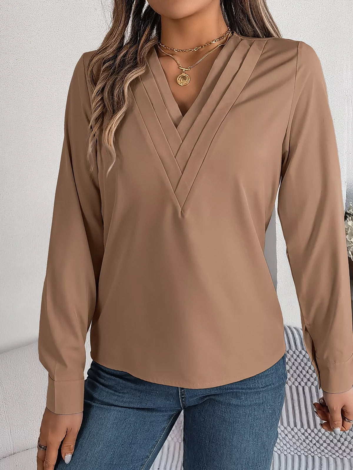 Layered V-neck Long Sleeve Blouse (15)