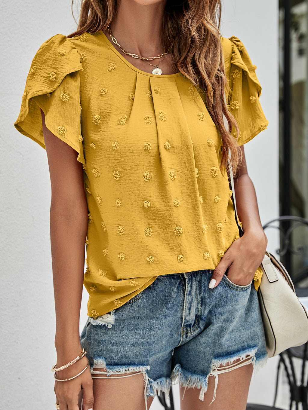 Swiss Dot Round Neck Petal Sleeve Top (14)