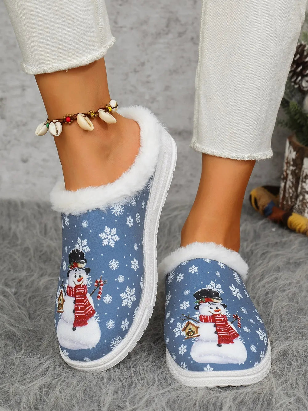 Snowman Print Flat Slippers Faux Fur (2)