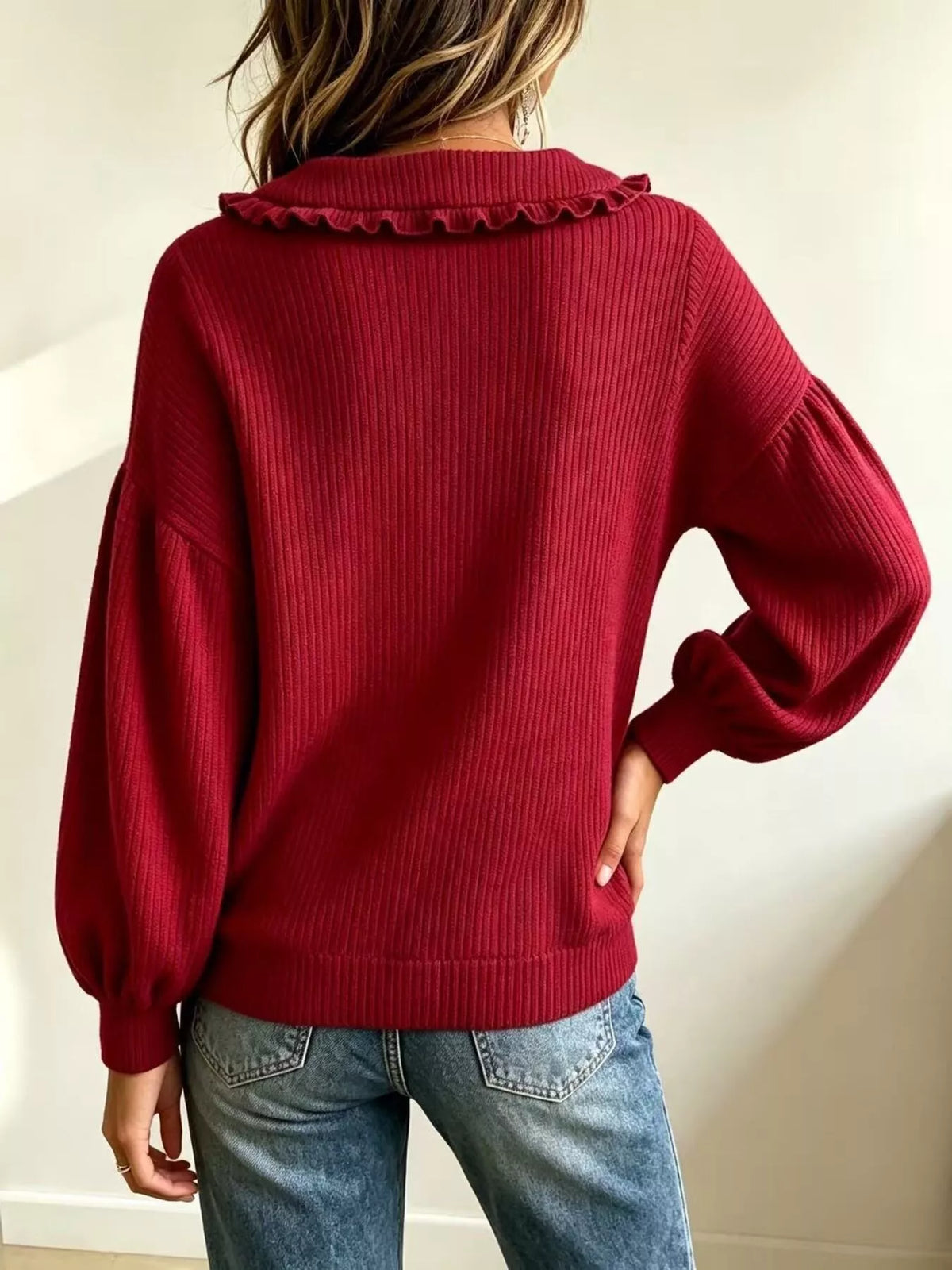 Full Size Ruffle Collar Button Detail Sweater Plus (12)