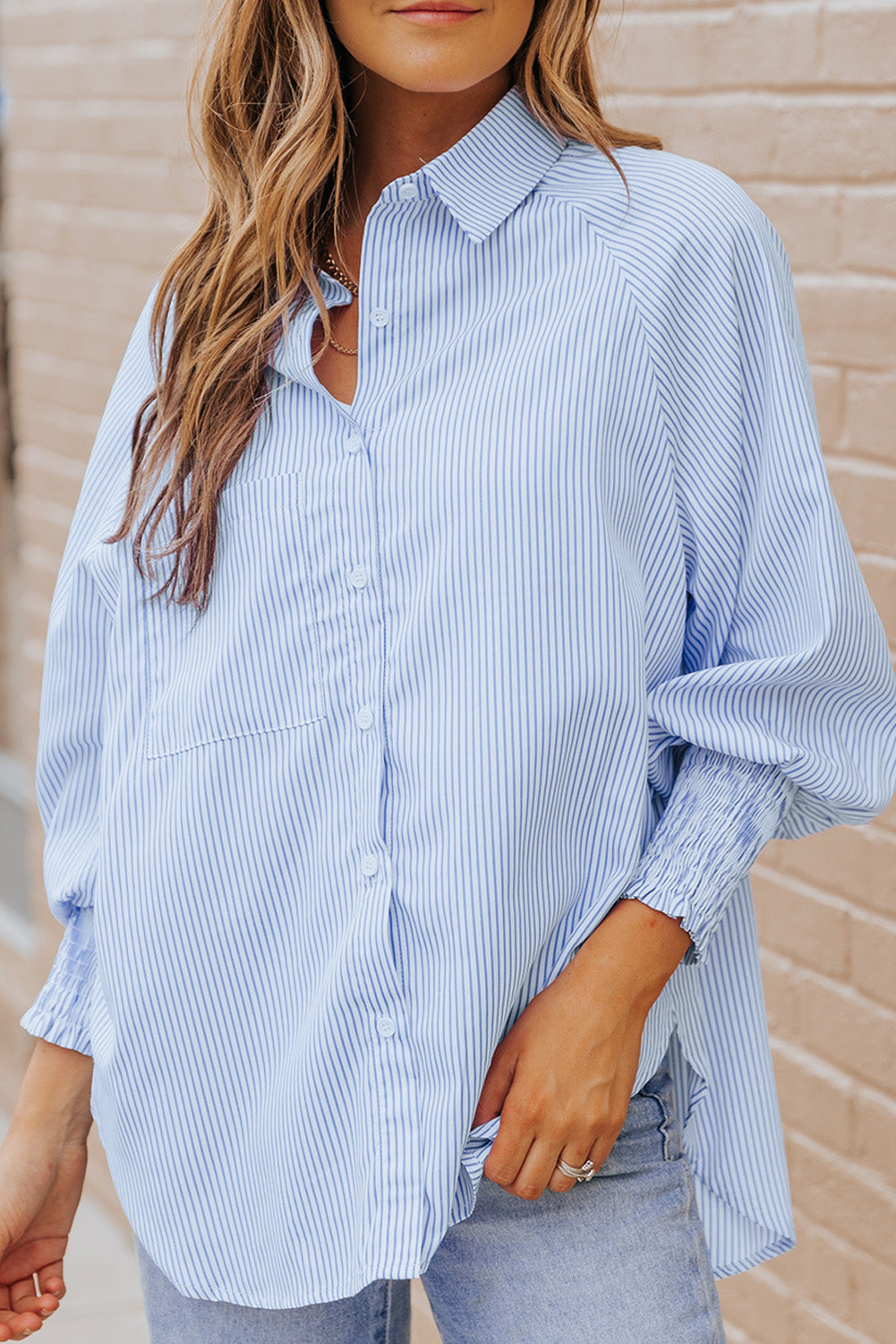 Striped Lantern Sleeve Collared Shirt (3)