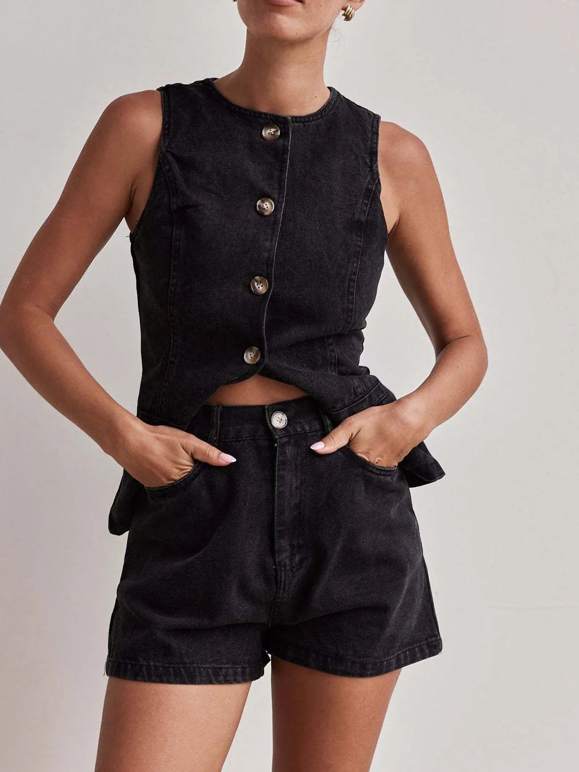 Button Down Vest Shorts Denim Set (13)