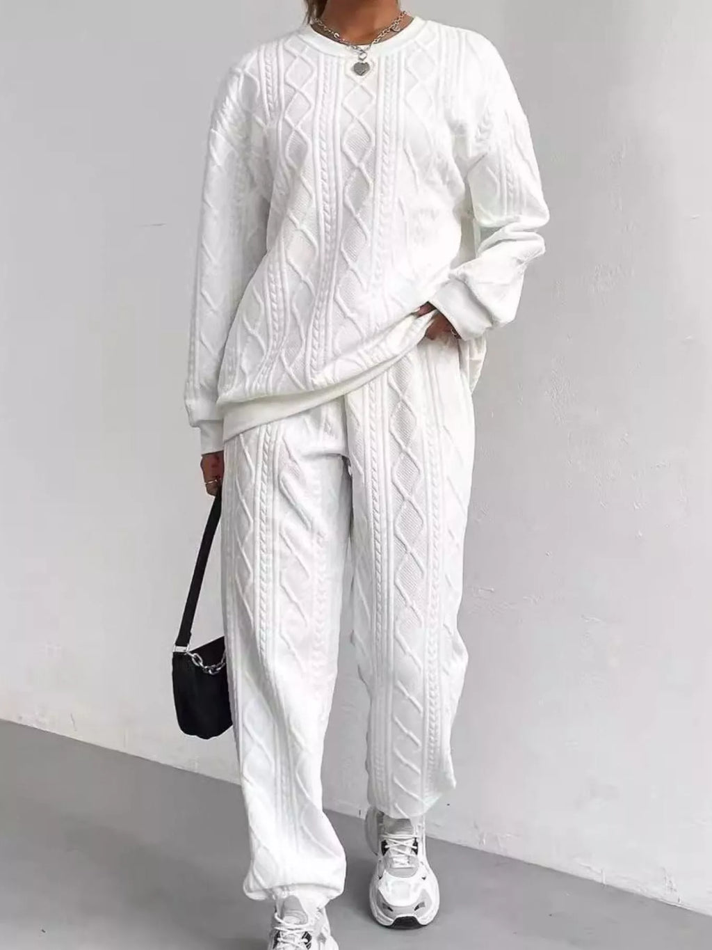 Texture Round Neck Top Pants Set (2)