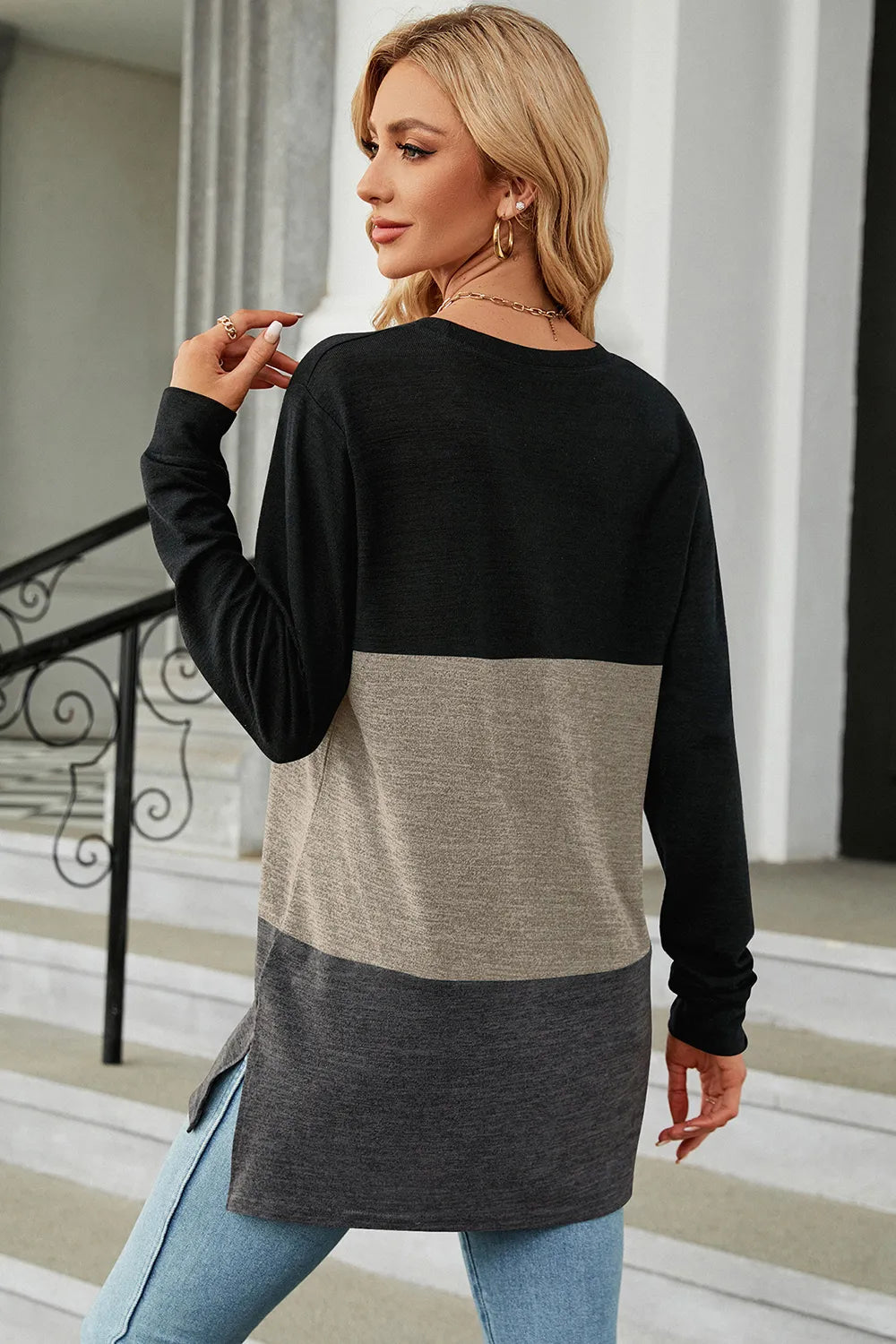 Block Round Neck Long Sleeve T-shirt (9)