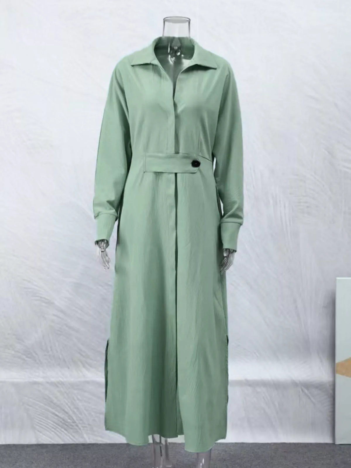 Side Slit Long Sleeve Shirt Dress (6)
