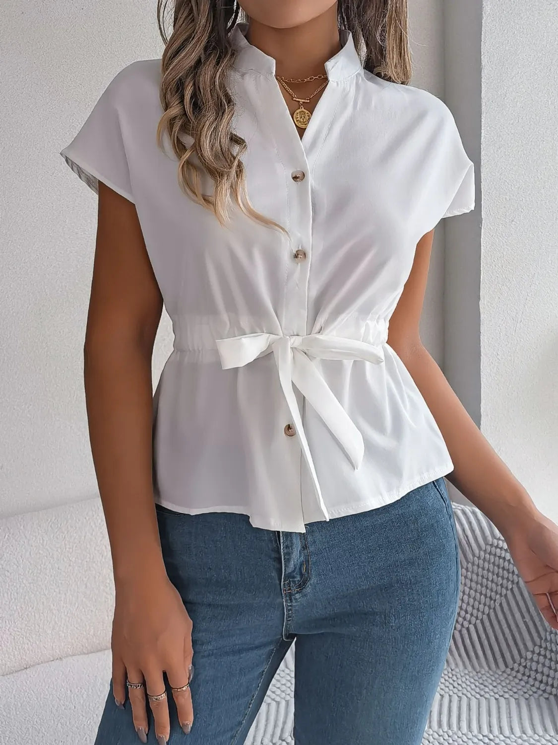 Notched Short Sleeve Blouse (2)