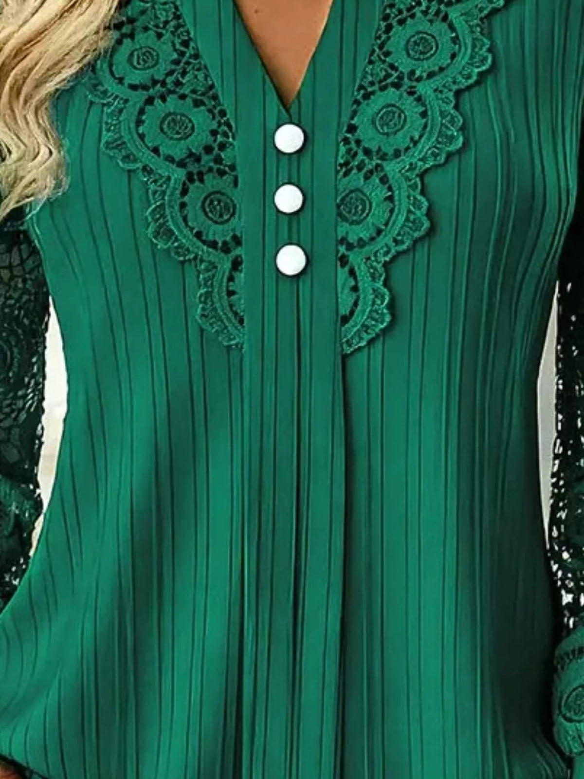 Lace Long Sleeve Notched Blouse (10)