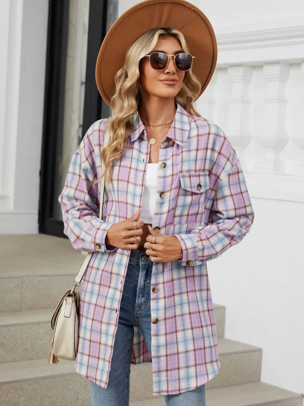 Plaid Collared Neck Long Sleeve Shirt (20)