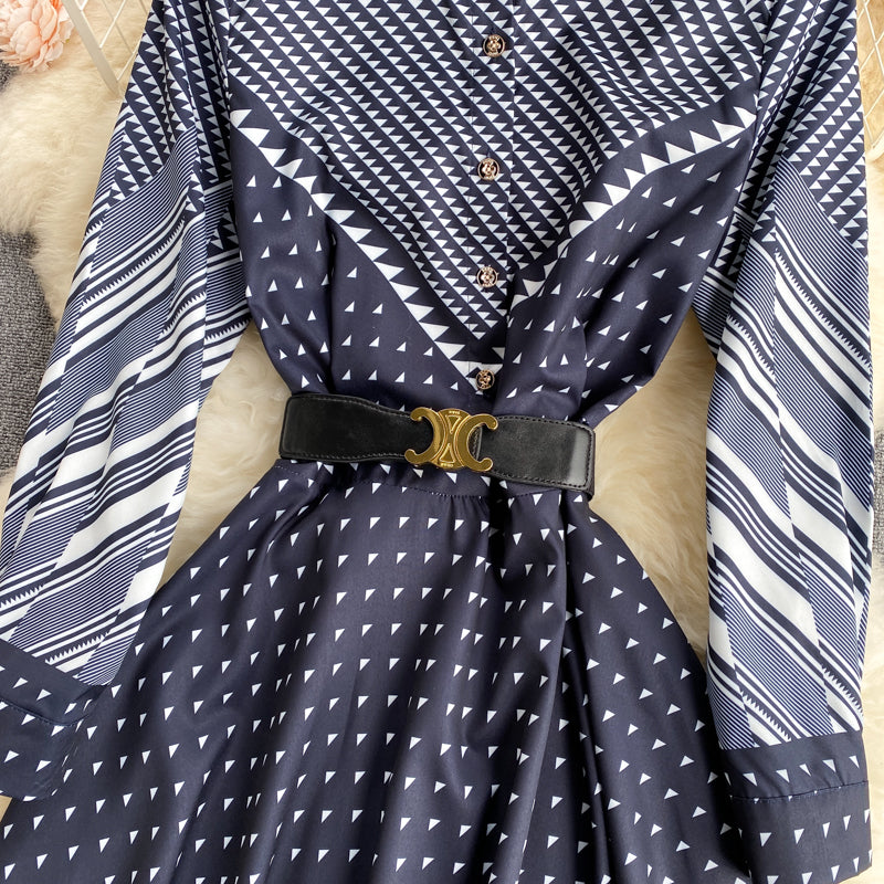 Color-blocking Striped Print Slim Mid-length Retro Dress photo 1