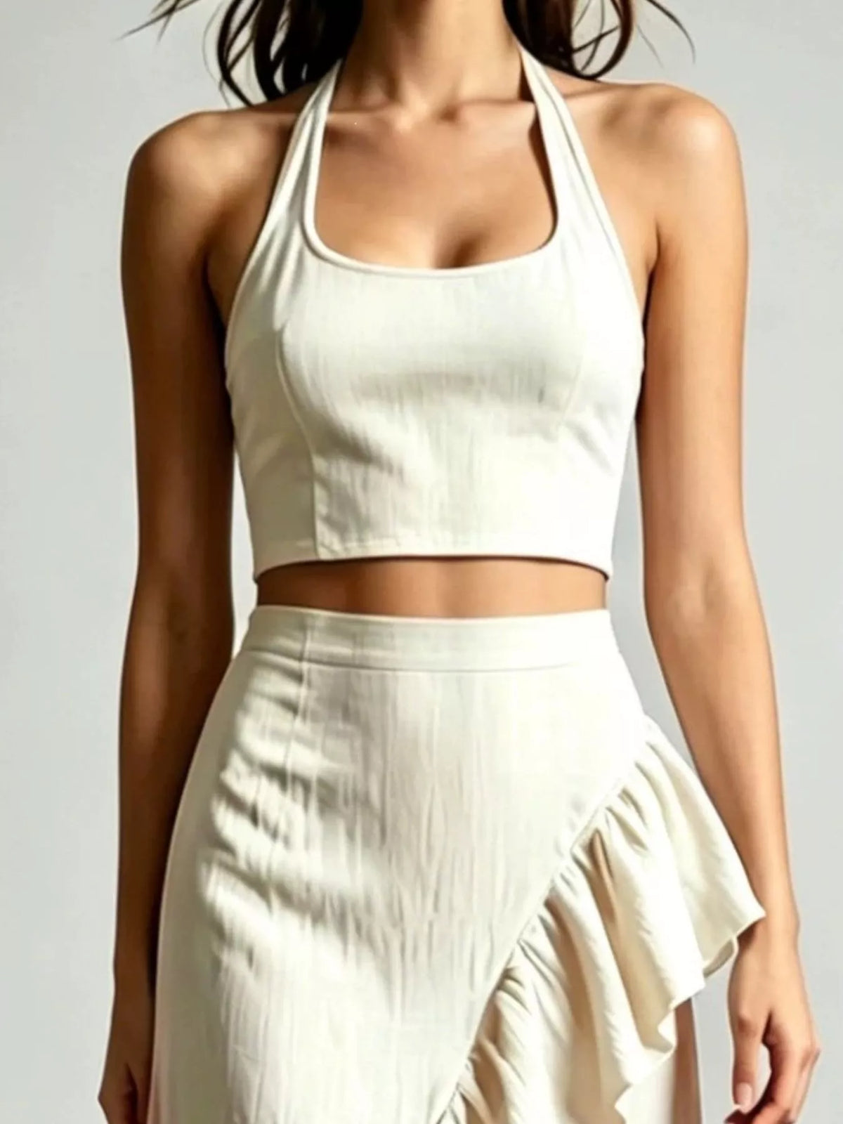 Halter Neck Crop Top High-low Maxi Skirt Two-piece Set (2)
