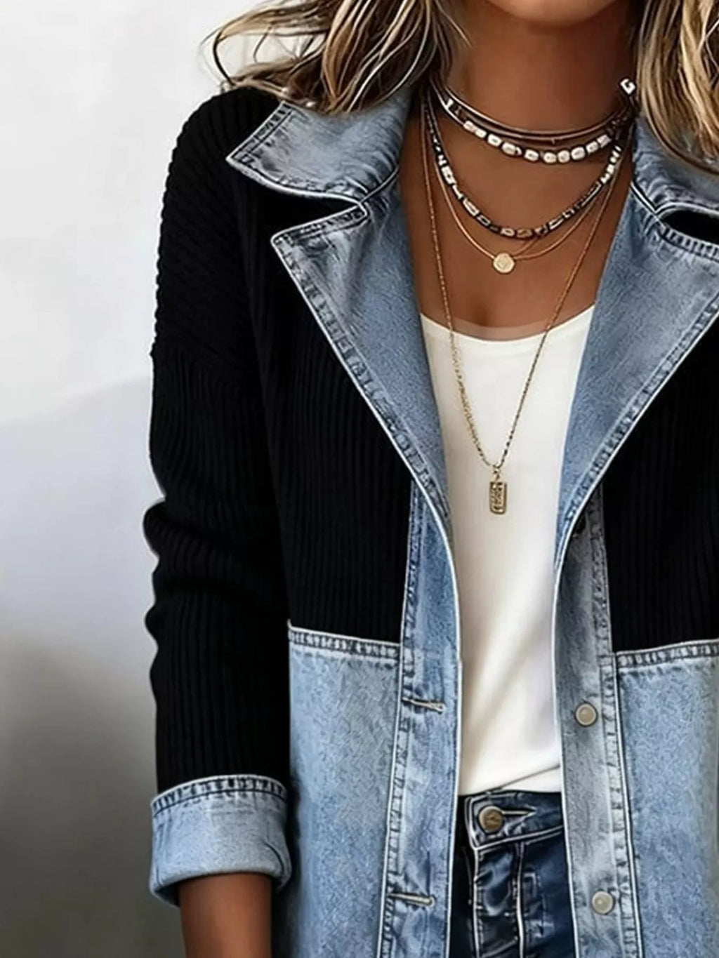 Color-block Denim Knit Patchwork Casual Jacket (4)
