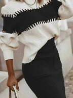 Two-tone Ribbed Knit Top Skirt Sweater Set (11)