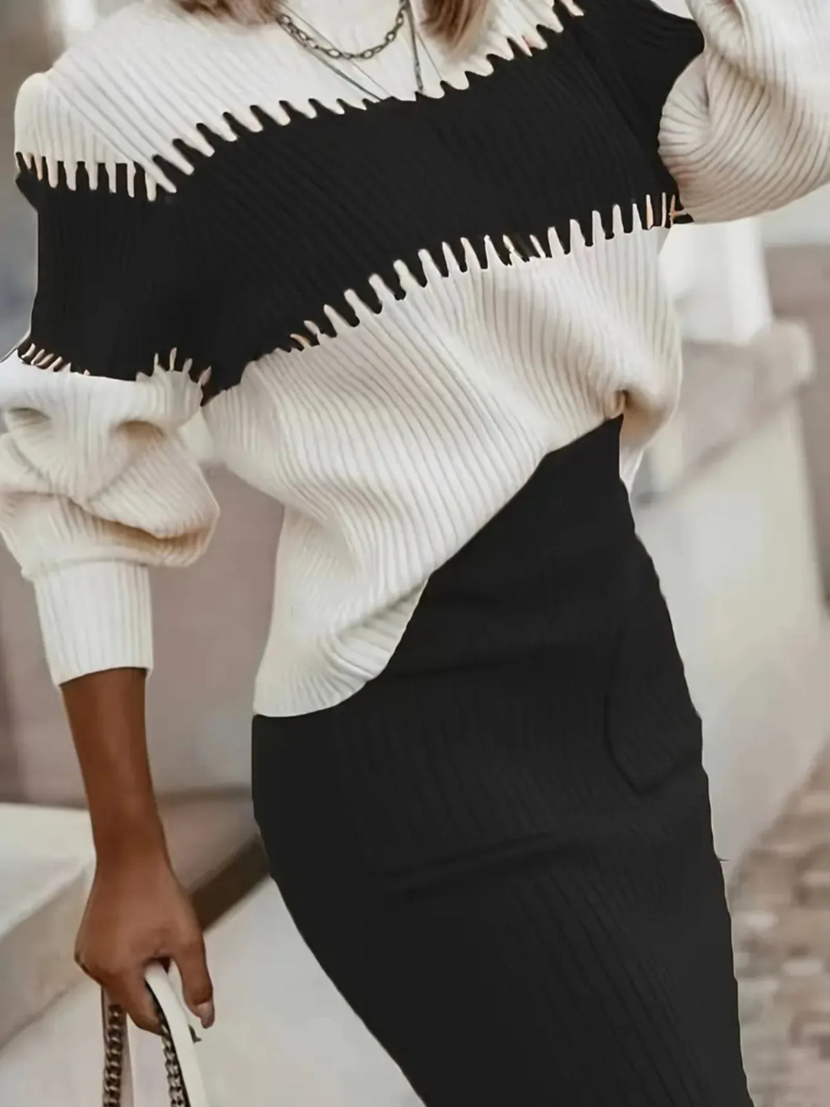 Two-tone Ribbed Knit Top Skirt Sweater Set (11)