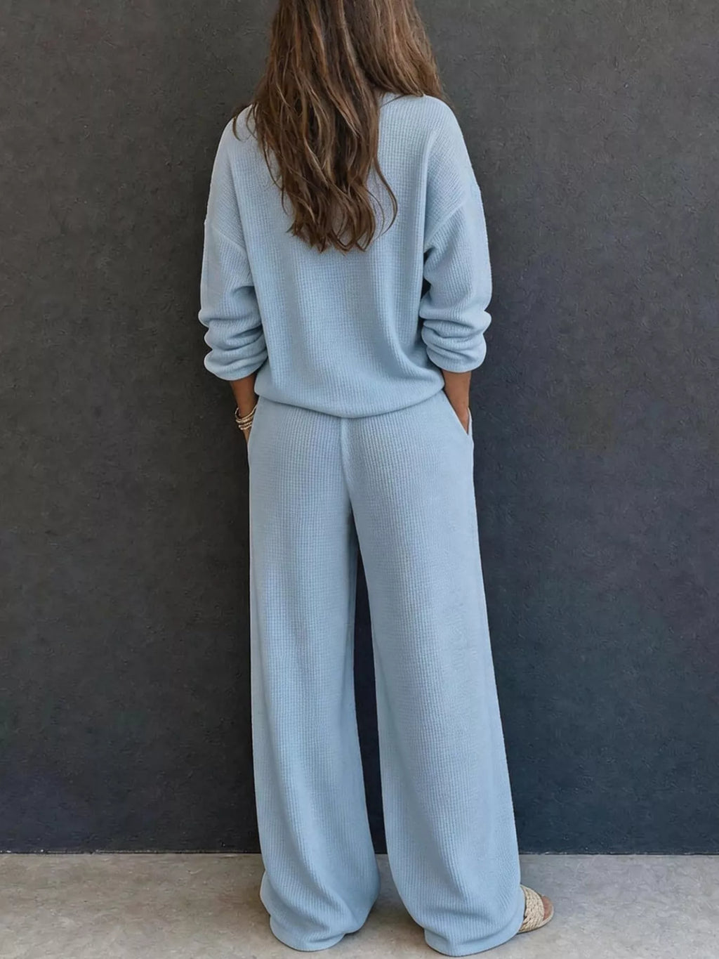 Waffle Knit Henley Top Wide Leg Pants Set (9)