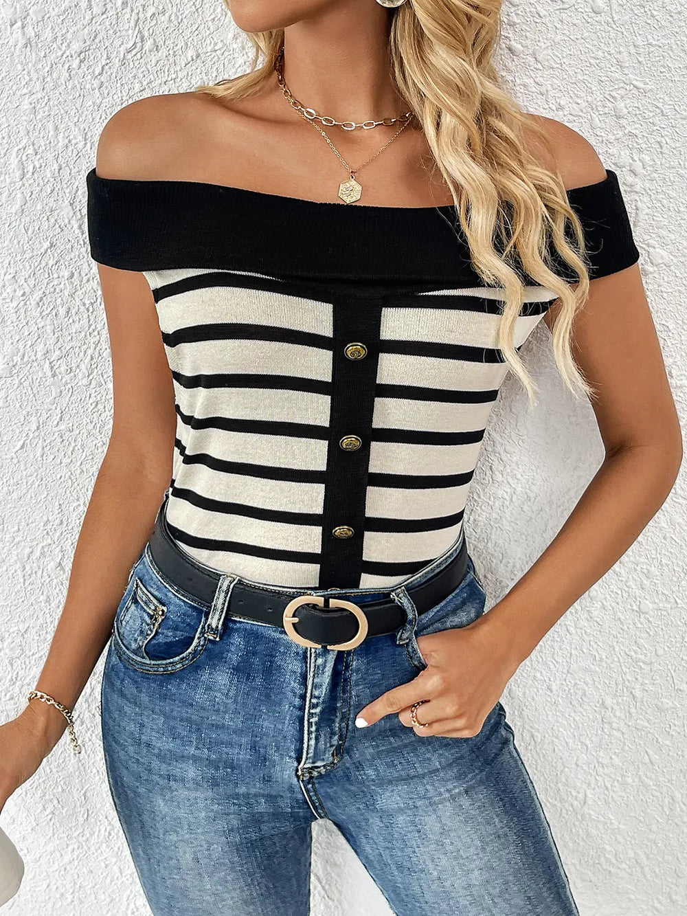 Decorative Button Striped Off-shoulder Knit Top (14)