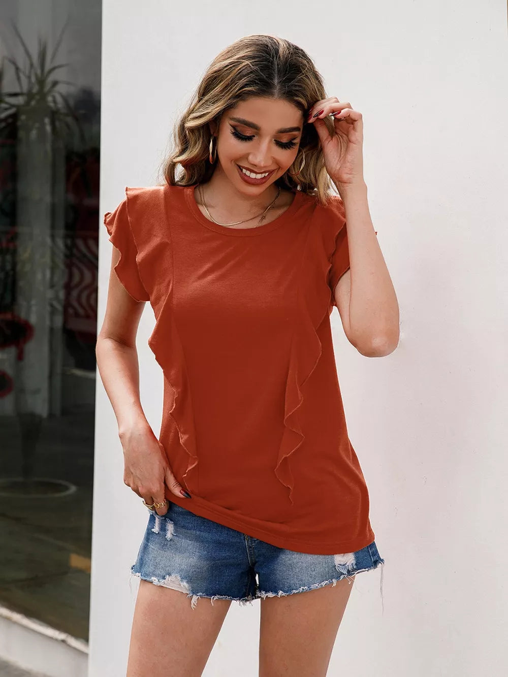Ruffled Round Neck Cap Sleeve T-shirt (14)