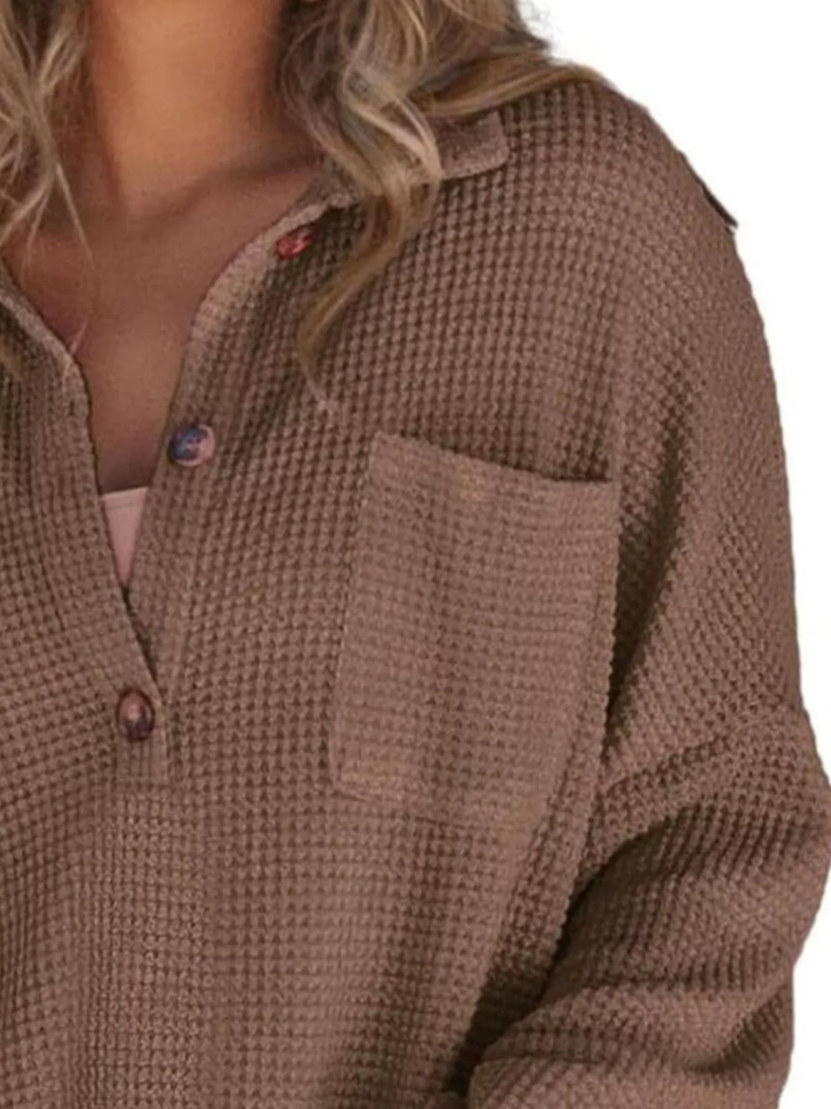 Casual Waffle Knit Button Detail Blouse (30)
