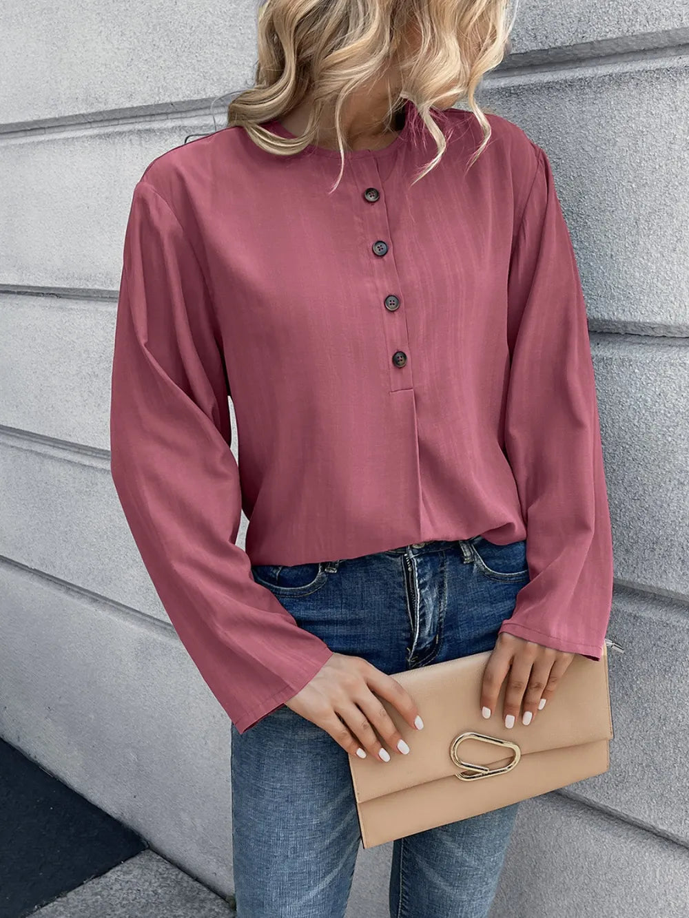 Half Button Long Sleeve Blouse (10)