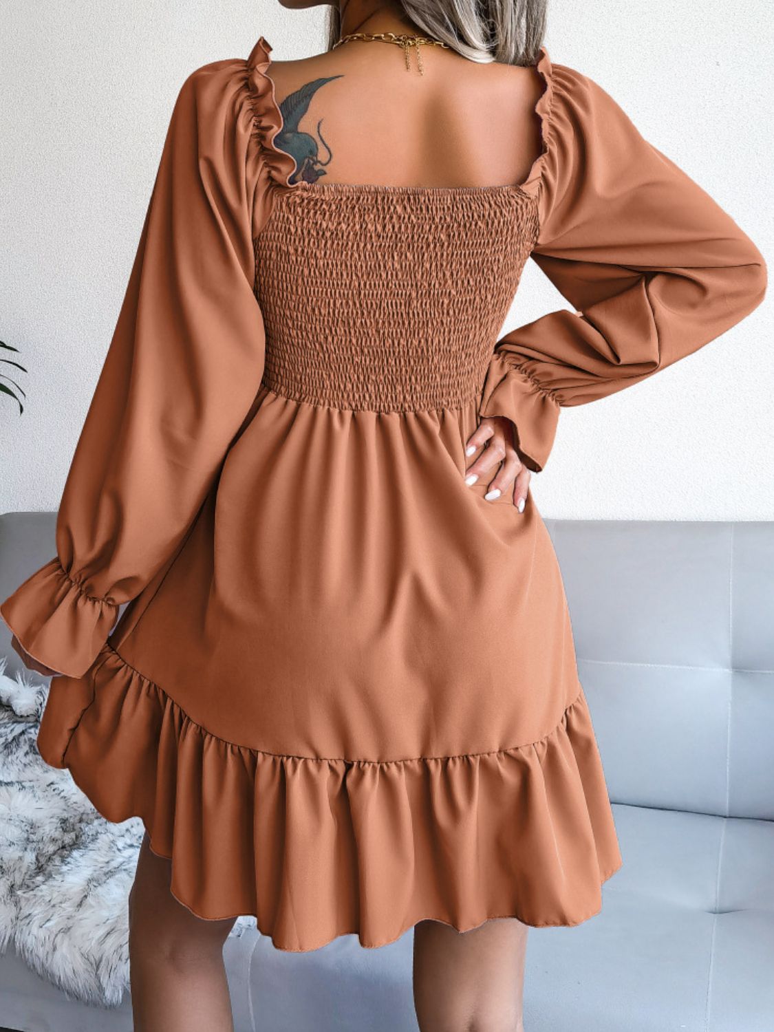 Smocked Flounce Sleeve Square Neck Dress (20)