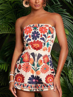 Floral Print Strapless Elastic Waist Romper (2)