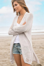 Openwork Side Slit Open Front Long Sleeve Cardigan (5)
