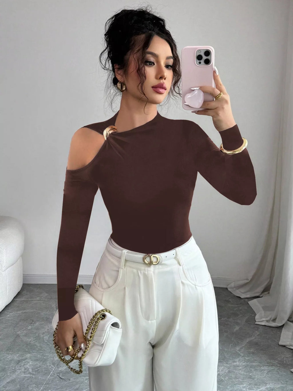 Cutout One-shoulder Long Sleeve T-shirt (7)