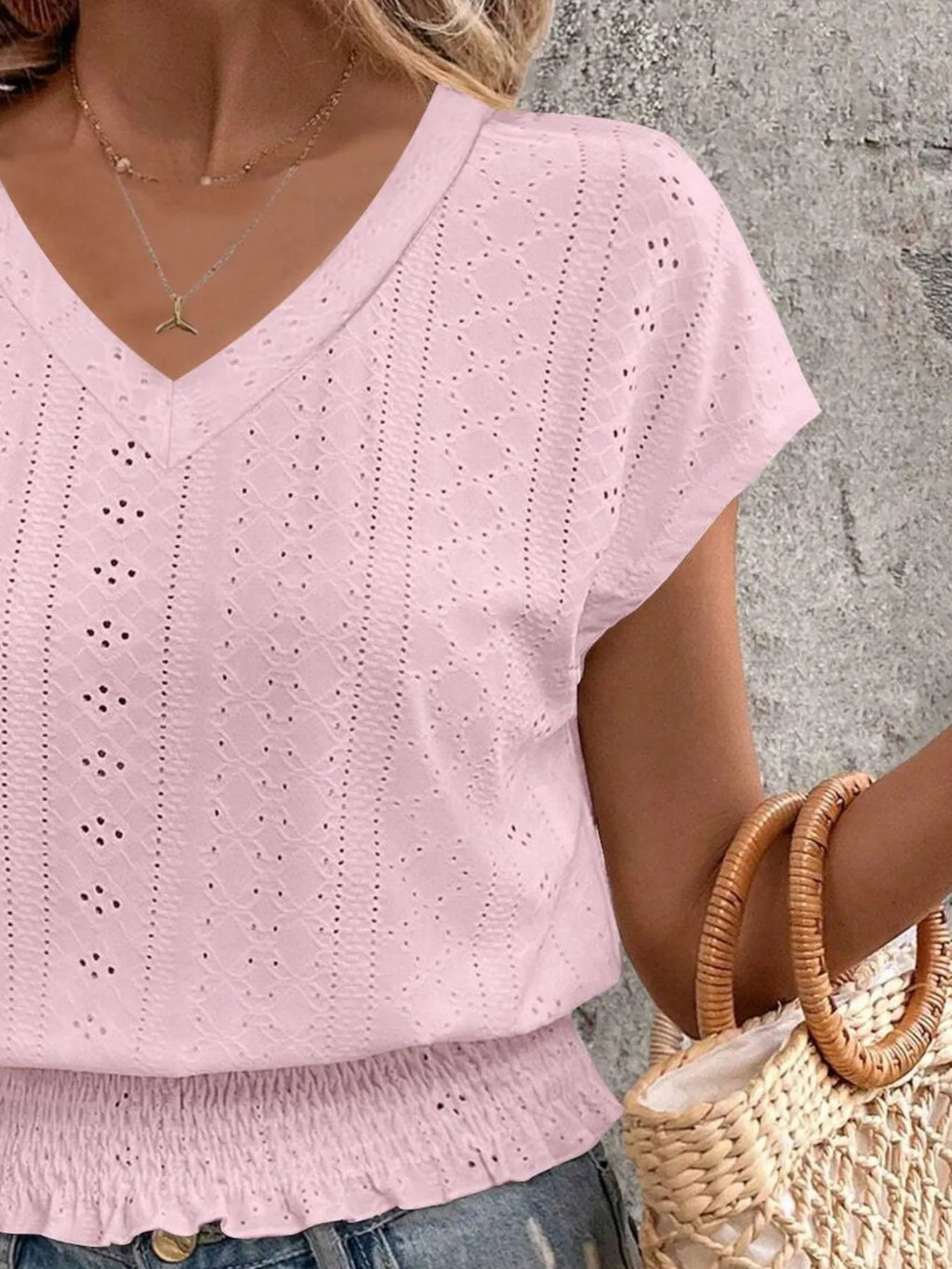Eyelet V-neck Short Sleeve Blouse (10)