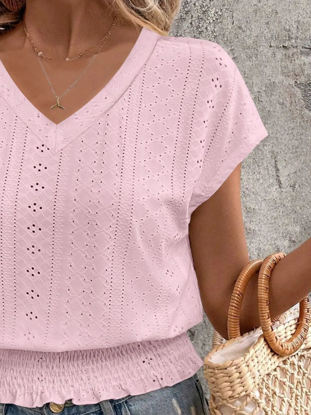 Eyelet V-neck Short Sleeve Blouse (10)