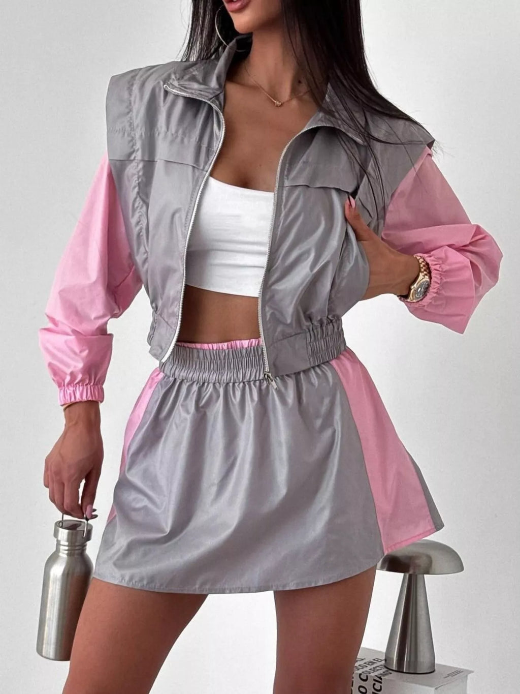 Color-block Cropped Jacket Skort Set (17)