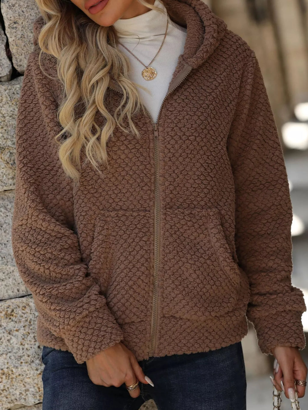 Textured Knit Zip-up Hooded Outerwear (6)