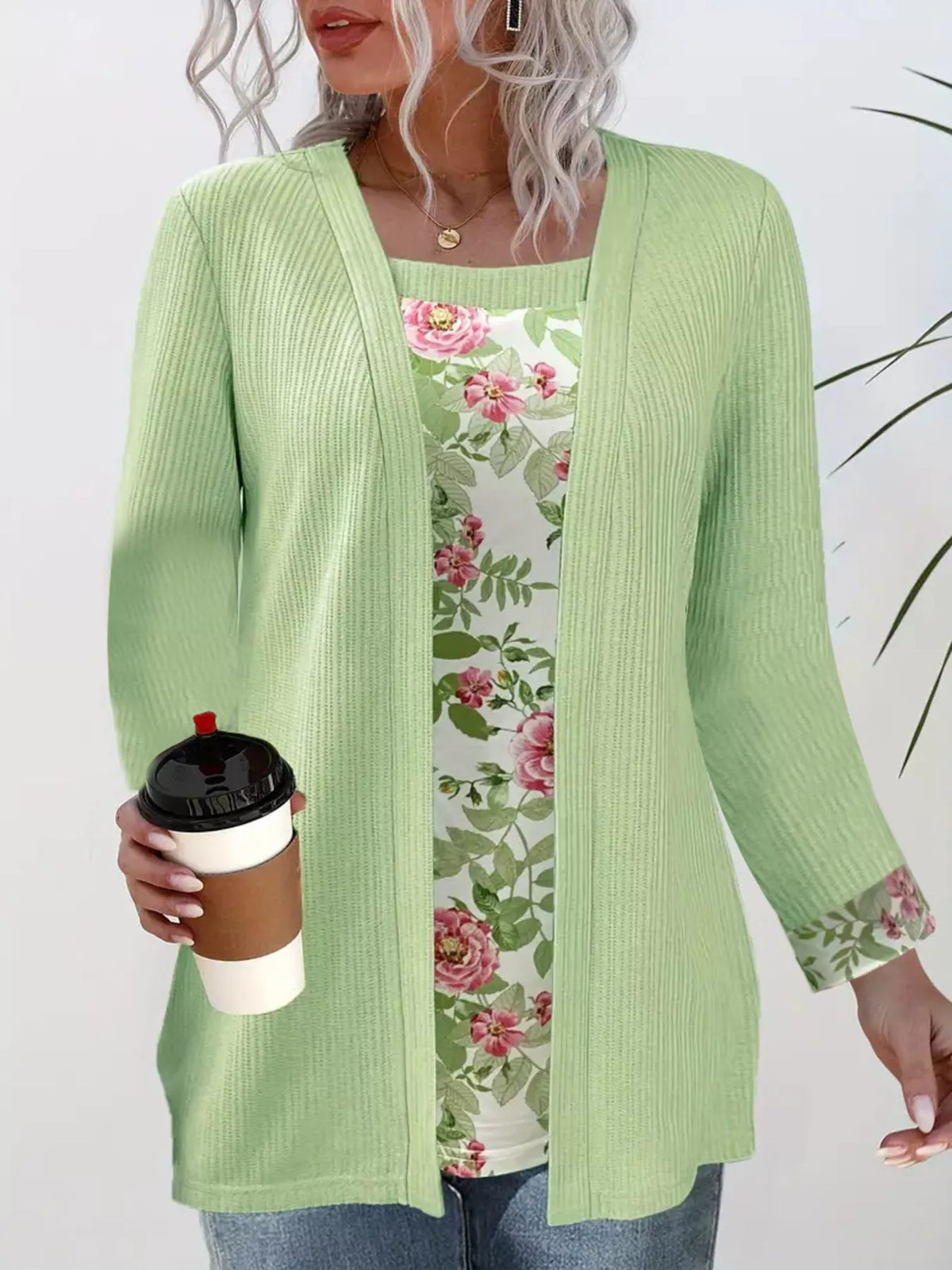 Floral Print Casual Fake Two Piece Top (3)