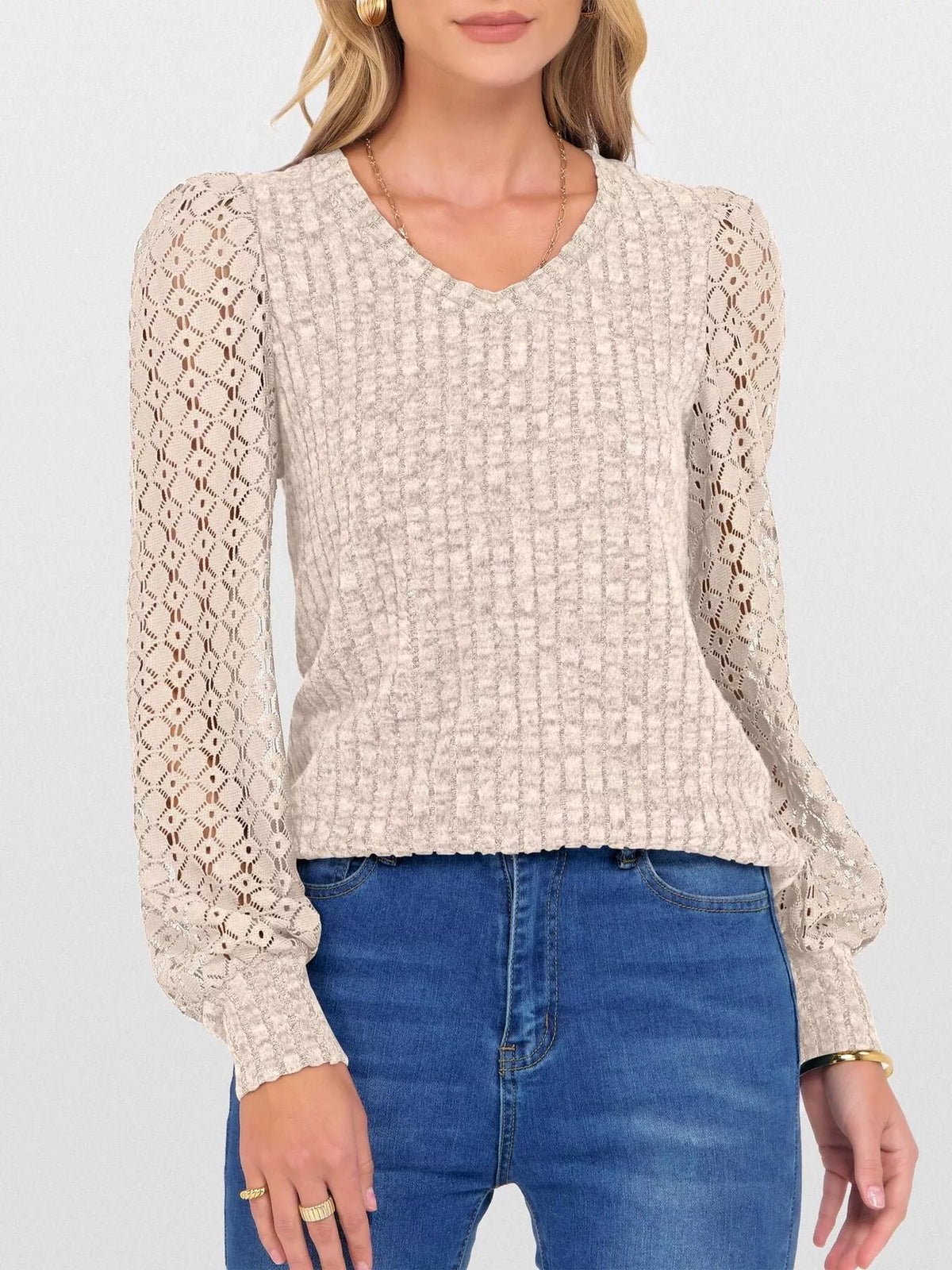 Lace Sleeve V-neck T-shirt (7)