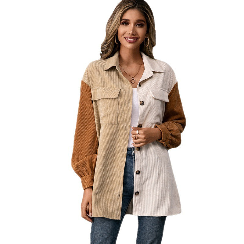 Single-breasted Long-sleeved Color-blocking Shirt Top photo 2