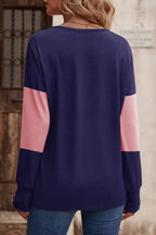 Decorative Button Contrast V-neck Long Sleeve T-shirt (17)