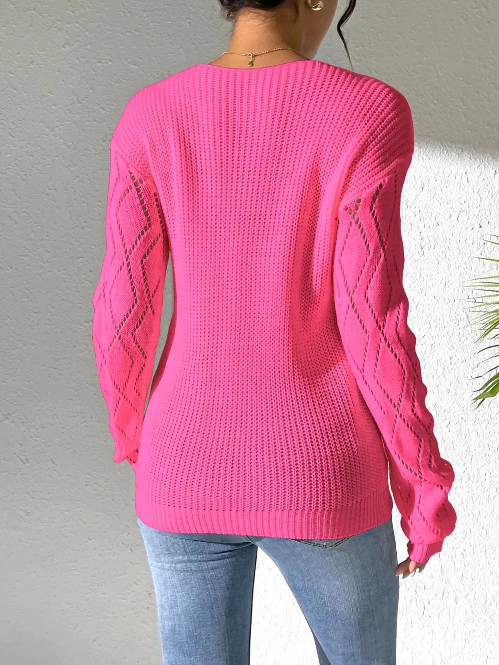 Openwork V-neck Long Sleeve Sweater (17)
