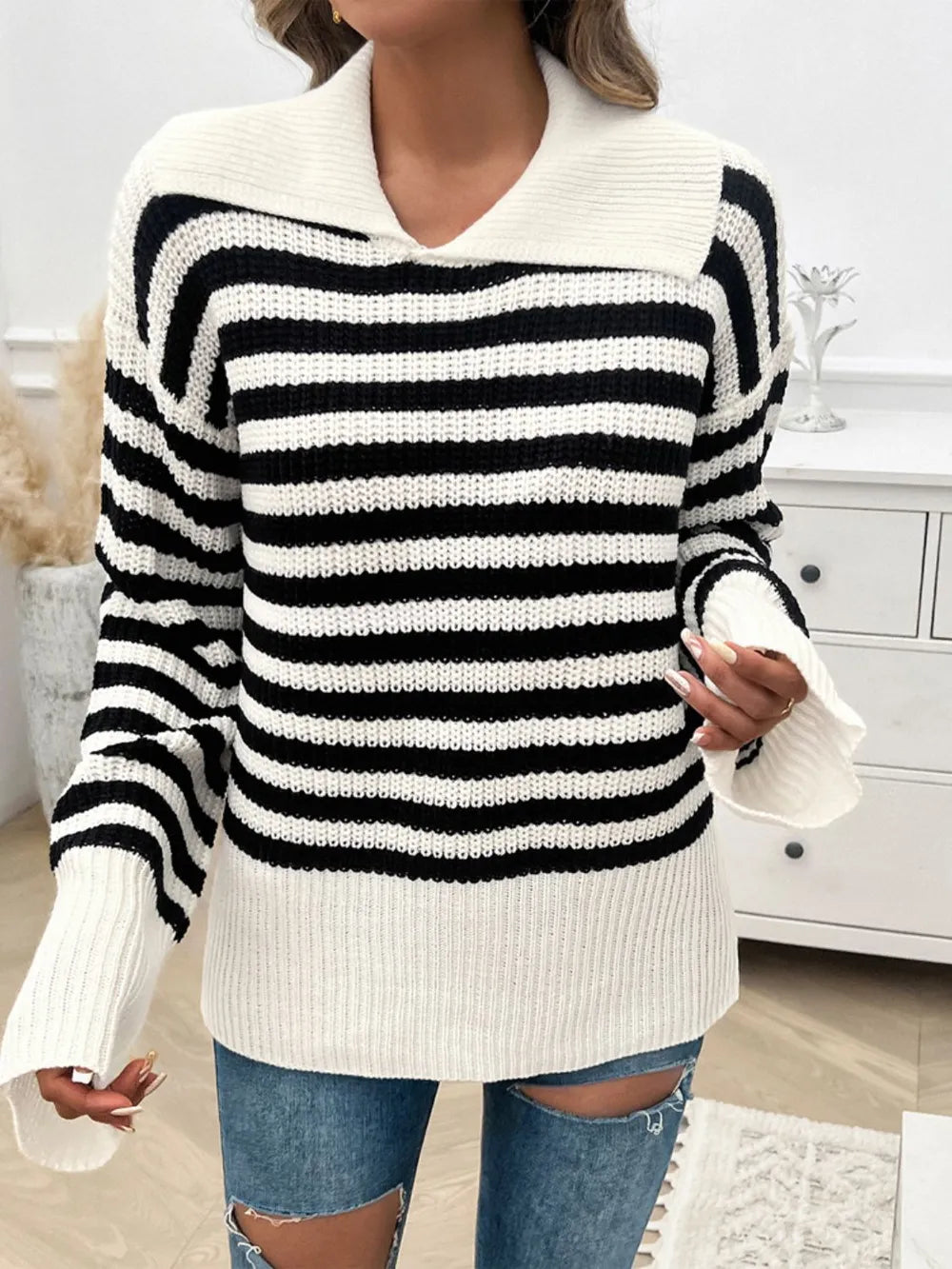 Striped Collared Neck Long Sleeve Sweater (12)