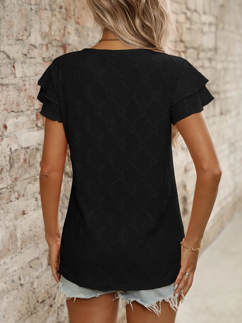 Eyelet Round Neck Double Layered Ruffled Short Sleeve Top (23)